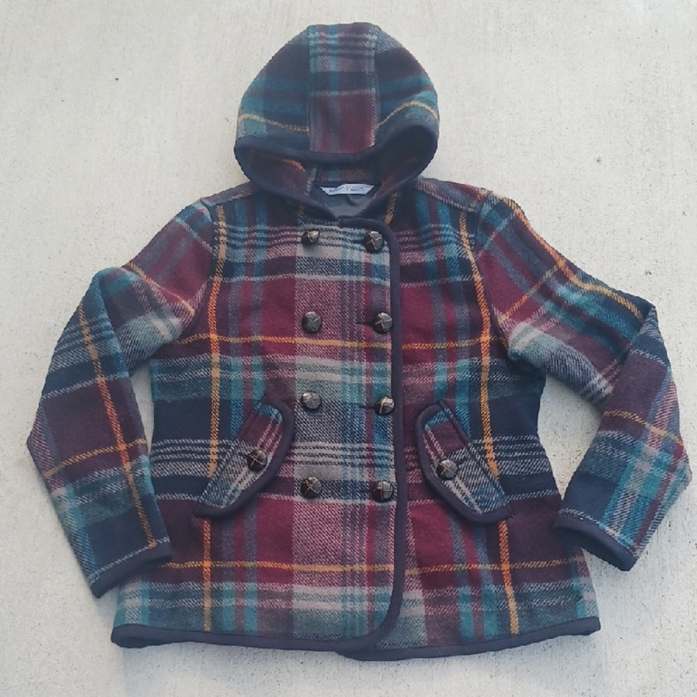 Woolrich Multicolor Plaid Pea Coat with Hood